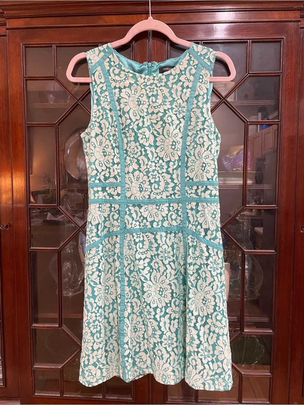 Marciano Teal and Cream Lace Fit-and-Flare Mini Lined Dress